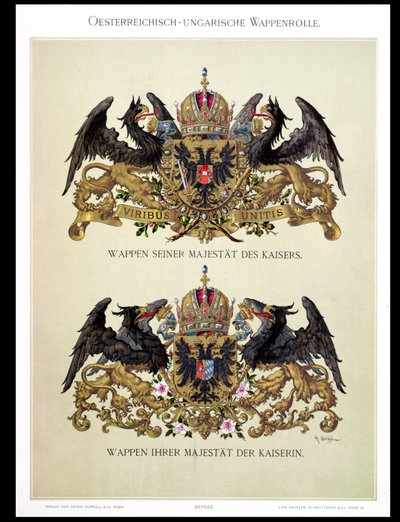 Placa com os brasões do Imperador Franz Joseph I (1830-1916) e Imperatriz Isabel da Baviera (1837-98) de &39;Heraldischer Atlas&39; pelo artista, 1899 de Hugo Gerard Strohl