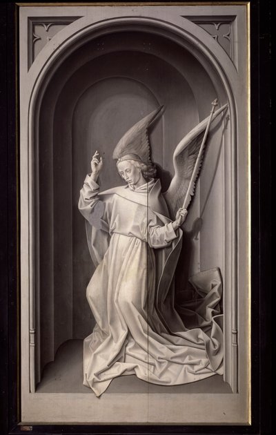 Anjo da Anunciação, Painel Exterior do tríptico Portinari - óleo sobre painel, c.1475 de Hugo van der Goes