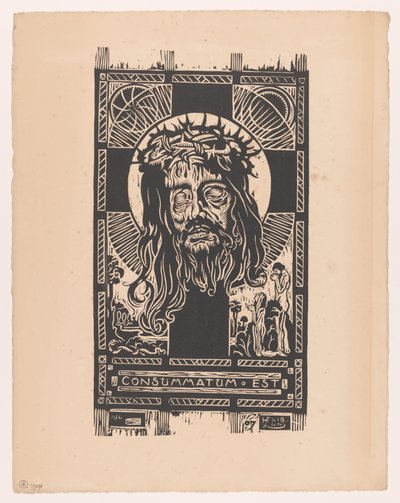 Cabeça de Cristo com coroa de espinhos na frente de uma cruz, adorada por um homem e uma mulher Consummatum est (título no objeto) de Huib Luns