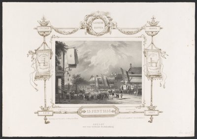 Procissão de uma impressora de livros de trabalho, 1836
Procissão de uma impressora de livros de trabalho / 15 de Junho de 1836 (título sobre o objecto)
Placas da celebração do segundo centenário da Universidade de Utrecht, 1836 (título da série) de Huib van Hove Bz