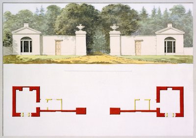 Elevação e planos de terra do novo portal de entrada proposto e pousadas, do Livro Vermelho para Antony House, c.1812 (wc no papel) de Humphry Repton
