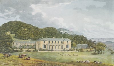 Frente Sul com frente para o oeste em perspectiva, do Livro Vermelho para a Casa dos Antigos, c.1812 de Humphry Repton