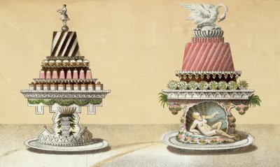 Design para a apresentação de Charlottes à la Reine & Pain de Framboises à la Leda, ilustração de um livro de culinária húngara sobre culinária francesa, c.1880 de Hungarian School