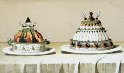Projeto para a apresentação de frango recheado com foie gras e peitos de faisão cozidos à maneira de Berthold, ilustração de um livro de culinária húngara sobre culinária francesa, c.1880 de Hungarian School