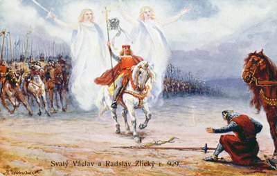 Duque de Kourim se rende a São Venceslau depois de ver dois anjos que acompanham o santo de Hungarian School