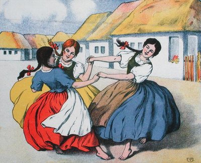 Dança camponesa. ilustração de uma partitura de canções de Arpad Balazs, c.1910 (cor litho) de Hungarian School