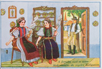 Cartão postal representando as mulheres no vestido tradicional húngaro girando e cantando a canção popular Sing a Song to the Frog, c.1940 de Hungarian School