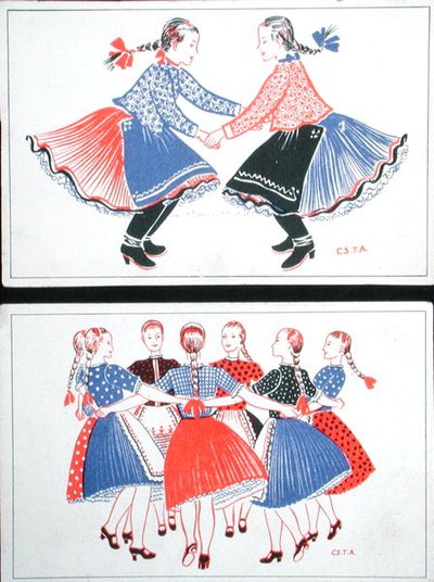 Cartões postais com danças tradicionais húngaras, c.1947-8 (cor litho) de Hungarian School