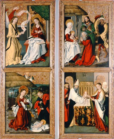 A Anunciação, o Nascimento de Cristo, a Adoração dos Magos e a Apresentação no Templo a partir do Retábulo de Szepeshely, 1480-90 de Hungarian School