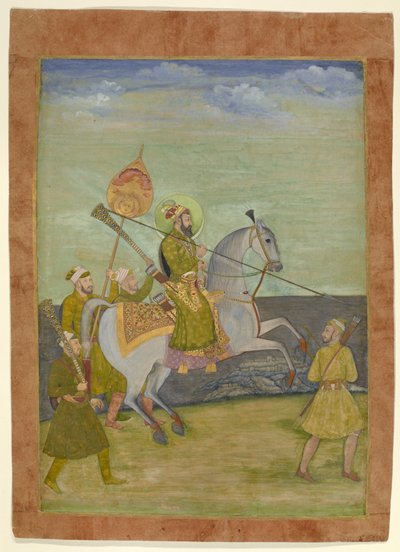 Retrato equestre de Bahadur Shah quando jovem, Mughal, c.1690 (guache com ouro sobre papel) de Hunhar I (attr. to)