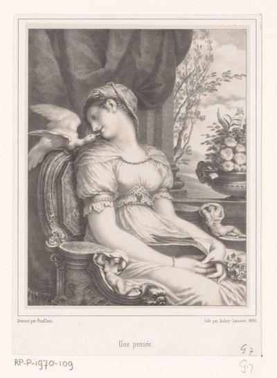 Mulher sentada com livro e pássaro branco Une pensée (título no objeto) de Hyacinthe Louis Victor Jean Baptiste Aubry Lecomte