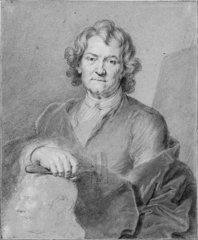 Retrato de Pierre Puget, sua mão direita segurando um martelo e descansando em uma cabeça esculpida de Hyacinthe Francois Rigaud