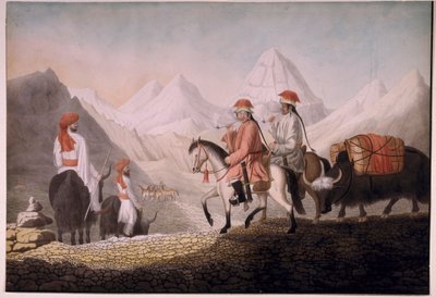 William Moorcroft e Hearsey na estrada para o Lago Mansarowar (Tibete) 1812 (aguarela sobre papel) de Hyder Jung Hearsey