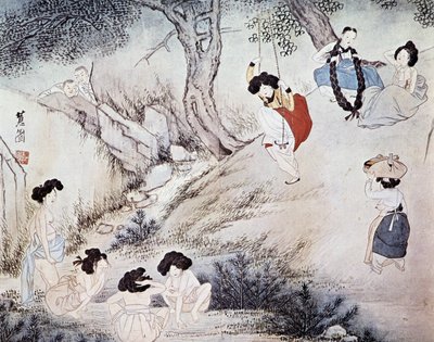 Mulheres ao ar livre (banho no rio e balanço) e dois homens a observá-los, Kree - por Hye-Wol, Yi Dynasty de Hyewon