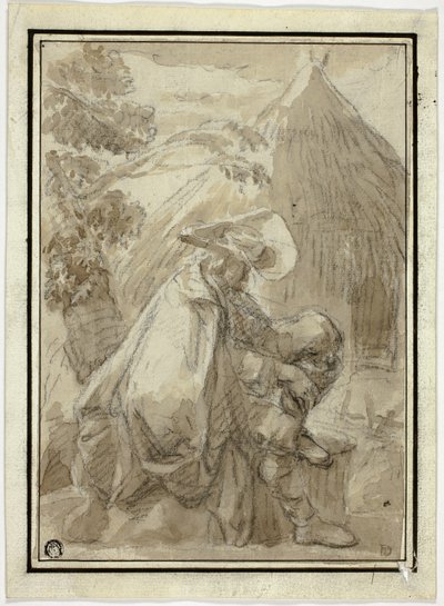 Homem sentado no manto por Thatched Hut de III Follower of Herman Saftleven