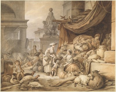 Cena do mercado com uma escultura fantástica de I Jean Baptiste Hüet