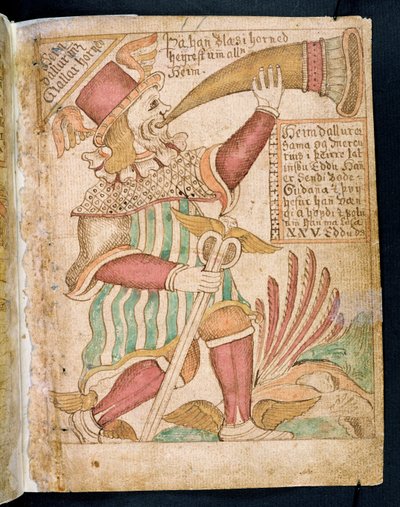 Heimdal soprando seu chifre antes de Ragnarok, de Melsteds Edda (caneta e tinta e wc no papel) de Icelandic School