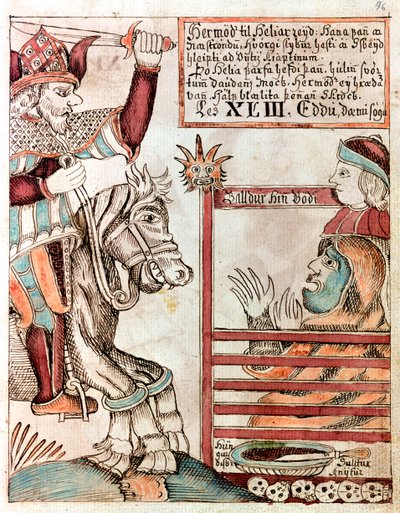 Hermod montado em Sleipnir, o famoso carregador de oito patas de seu pai, nos portões barrados do Reino de Hel de Icelandic School