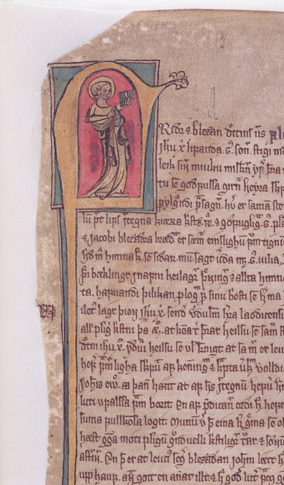 Inicialização Historiada no início da Saga dos Dois Apóstolos João e Jacó, do Codex Scardensis, c.1360 de Icelandic School