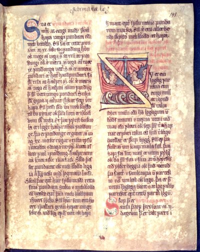 Historiated inicial desde o início de um capítulo sobre navegação e comércio, cópia de uma coleção de lei original do século XIV Jonsbok de Icelandic School