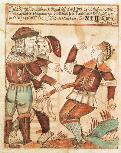 Ny Kgl Saml 1867.4, s.95v The Killing of Balder (caneta e tinta e aguarela sobre papel) (ver também 169947) de Icelandic School