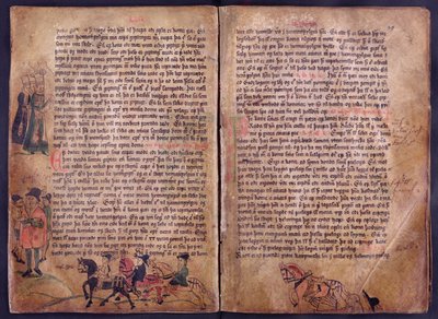Duas páginas ilustradas de uma cópia da coleção original da lei Jonsbok do século XIII de Icelandic School