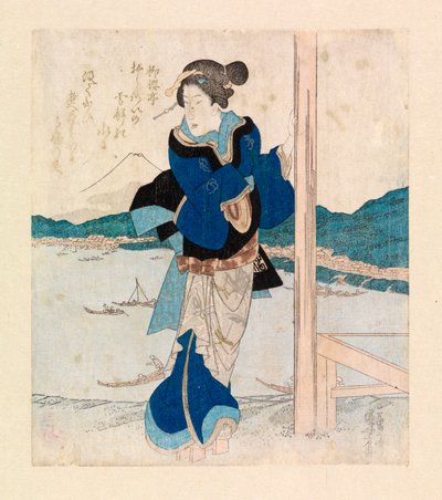 Gueixa na varanda de um pavilhão de cerejeiras, c.1830 (xilogravura a cores) de Ichiyusai Kuniyoshi