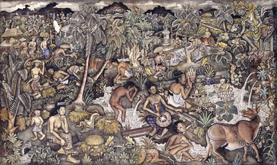 Bali Life, c.1940 (óleo sobre pano de queijo) de Ida Bagus Kembeng