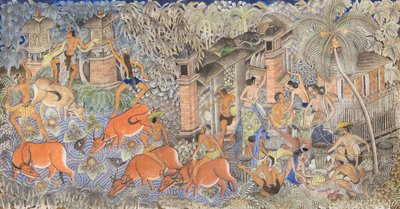 Passatempos de vaqueiros e aldeões (tempera sobre tela) de Ida Bagus Kembeng