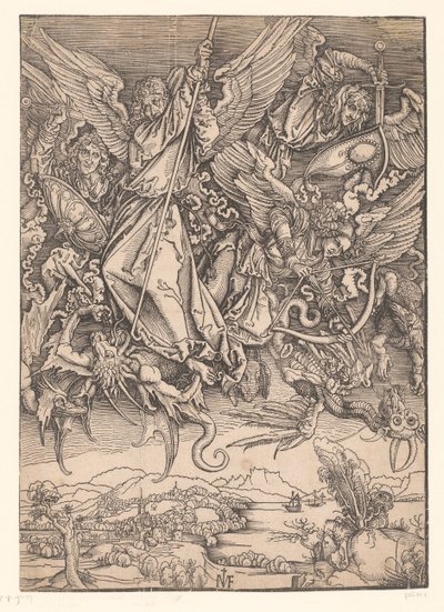 Os arcanjos combatem os dragões
Cópias do Apocalipse de Dürer (título da série) de Ieronimus Greff von Frankfurt