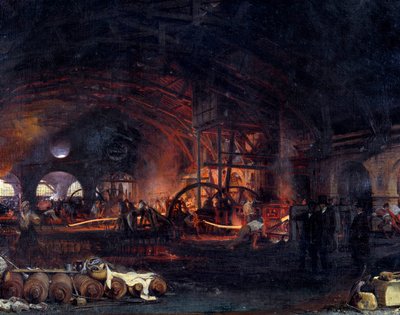 Revolução Industrial: "La grande forge de Fourchambault" Detalhe de pintura de François Bonhomme (1809-1881) 1839. Fourchambault de Ignace Francois Bonhomme