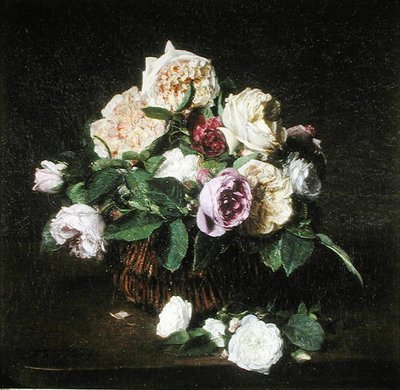Rosas numa cesta sobre uma mesa de Ignace Henri Jean Fantin Latour