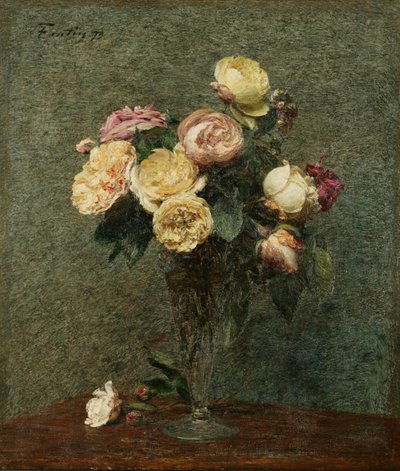 Natureza morta: Rosas num vaso de vidro de Ignace Henri Jean Fantin-Latour