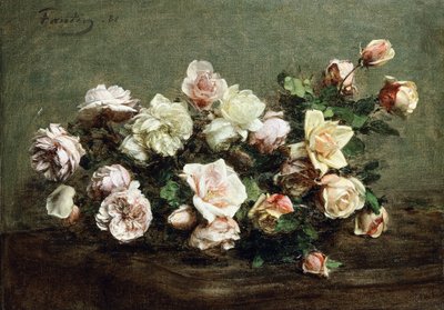 Vaso de rosas brancas em uma mesa; Vaso de rosas brancas e rosas em cima da mesa, de Ignace Henri Jean Fantin Latour