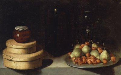BODEGON (BANDEJA COM CERERZES E PERAS, CAIXAS E FRASCO DE MEL) - SÉCULO XX de Ignacio Zuloaga y Zabaleta