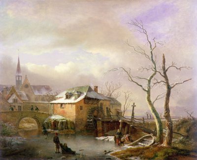 Uma Paisagem de Inverno com Camponeses num Millpond Congelado por uma Aldeia (óleo sobre tela) de Ignatius Josephus van Regemorter