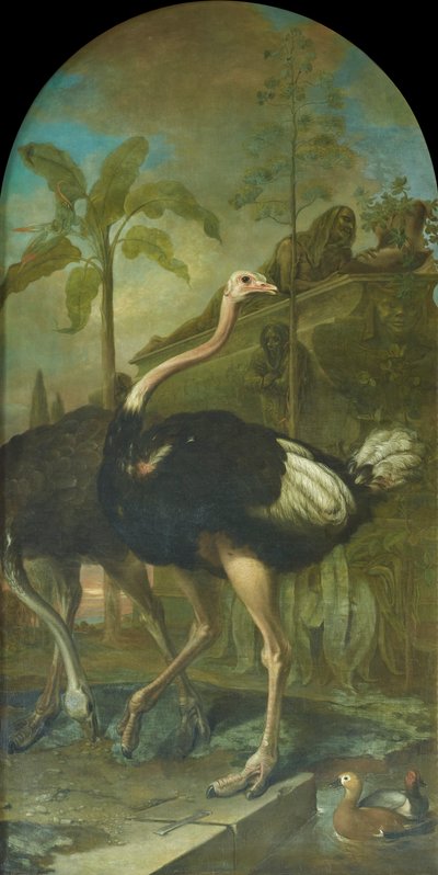 Um par de avestruzes, ao fundo um sarcófago de Ignaz Heinitz von Heinzenthal