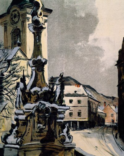 Vista de Hainburg an der Donau, Áustria, cidade onde Franz Joseph Haydn (1732-1809) estudou música entre 1738 e 1740, Impresso por Igo Potsch (1884-1943) para celebrar o centenário da morte do músico de Igo Potsch