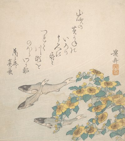 Peixes Nadando com Flores Amarelas, ca. 1830. de Ikeda Eisen