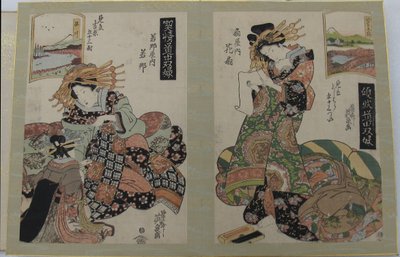 Mulher e sua empregada, mulher com pergaminho, início de meados do século XIX. de Ikeda Eisen