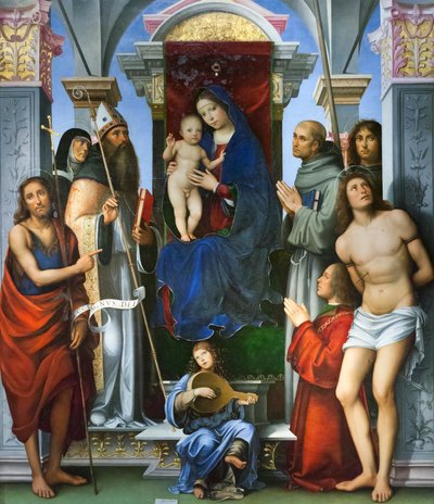 Nossa Senhora e o Menino num trono, com santos de Il (1450-1517) Francia