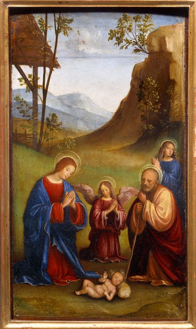 Adoração da criança. São José, a Virgem Maria e um anjo rezam ao redor do Cristo recém-nascido. Pintura de Francesco Francia (1450-1517) de Il  Francia