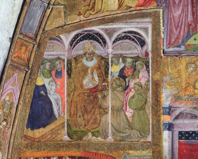 São Francisco, implorando o Papa Honório III pela Confirmação da Indulgência, afresco da Porciúncula, 1393 de Ilario da Viterbo