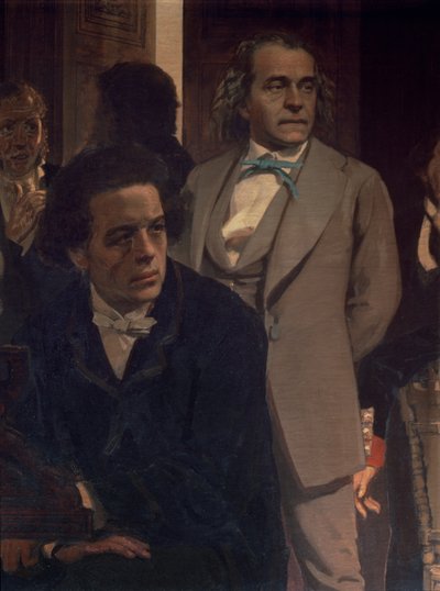 Anton Grigoryevich Rubinstein (1829-1894) e Alexander Nikolayevich Serov (1820-71), de compositores eslavos, década de 1890 (detalhe) de Ilya Efimovich Repin
