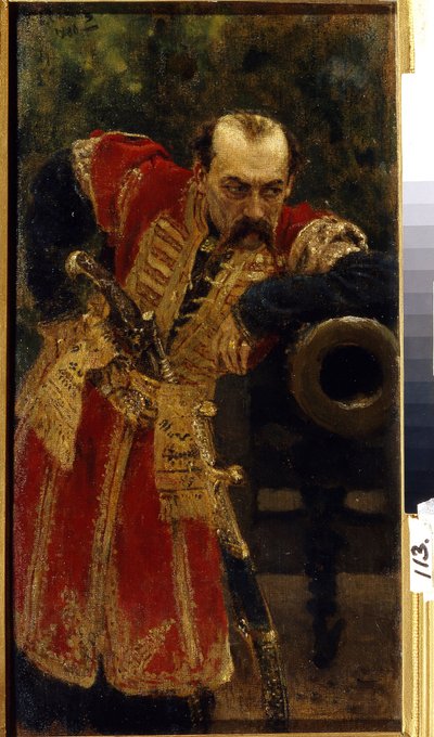 Coronel do anfitrião zaporizhiano. De uniforme, uma espingarda comprida escorregou no seu cinto, ele está apoiado no focinho de um canhão, com um olhar de observação e desafio. Pintura de Ilya Yefimovich Repin (Ilia Repine) (1844-1930), de Ilya Efimovich Repin