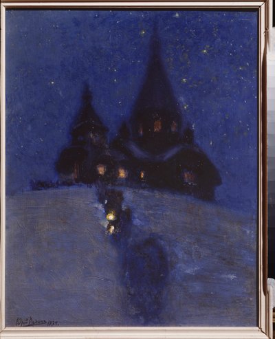 Igreja em Kuokkala (ou Repino, Rússia) na noite de Natal. Pintura por Yuri Ilyich Repin (Yuri Repine) (1877-1954), óleo sobre madeira, cerca de 1910. Arte russa, século XX. I. Repin Memorial Museum Penates, São Petersburgo. de Ilya Efimovich Repin