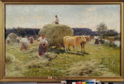 Fabricação de feno (cena agrícola de verão, camponeses recolhendo feno em uma equipe de bois) - Fabricação de feno - Pintura de Nikolai Kornilovich Pimonenko (1862-1912), óleo sobre tela de Ilya Efimovich Repin