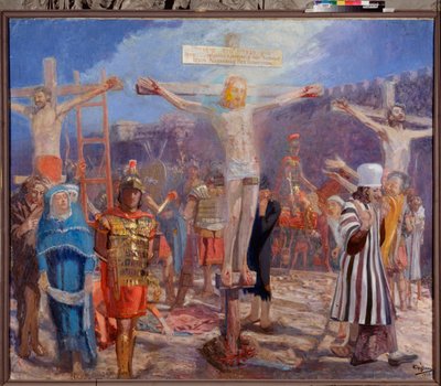 Calvário. (Cena da Crucificação). Nos lados da pintura encontram-se representações do bom ladrão (também chamado São Dismas (ou Dismas, Dimas, Dumas) e do mau ladrão (Gesmas ou Gestas), dois ladrões crucificados com Jesus Cristo. Pintura por Yuri Ilyich Re de Ilya Efimovich Repin