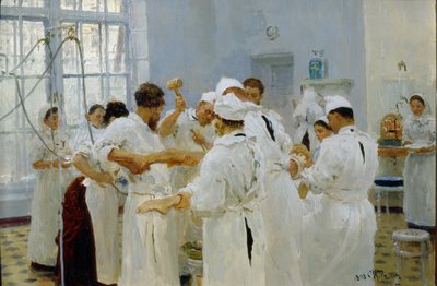 Cirurgião Ivan Pavlov (1849-1936) em uma sala de cirurgia (The Surgeon Pavlov in an Operating Room). Cercado por sua equipe médica, assistentes e enfermeiros, o cirurgião opera um paciente doente. Pintura de Ilya Yefimovich Repin (Ilia Repin) (1 de Ilya Efimovich Repin