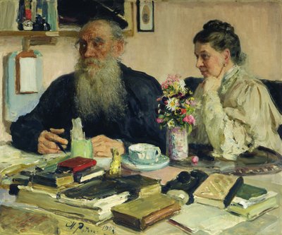 Leo Tolstoy com sua esposa em Yasnaya Polyana, 1907 de Ilya Efimovich Repin